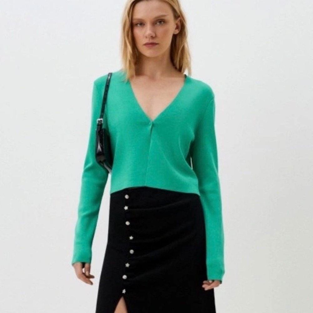 COS Womens Green Cropped V-Neck Single Button Cardigan Sweater Small